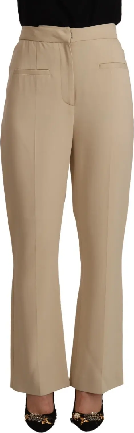 Beige Viscose High Waist Flared Dress Trouser Pants