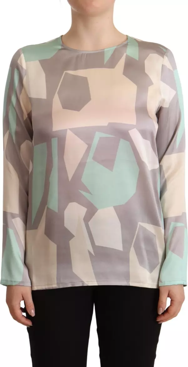Multicolor Silk Long Sleeves Round Neck Top Blouse