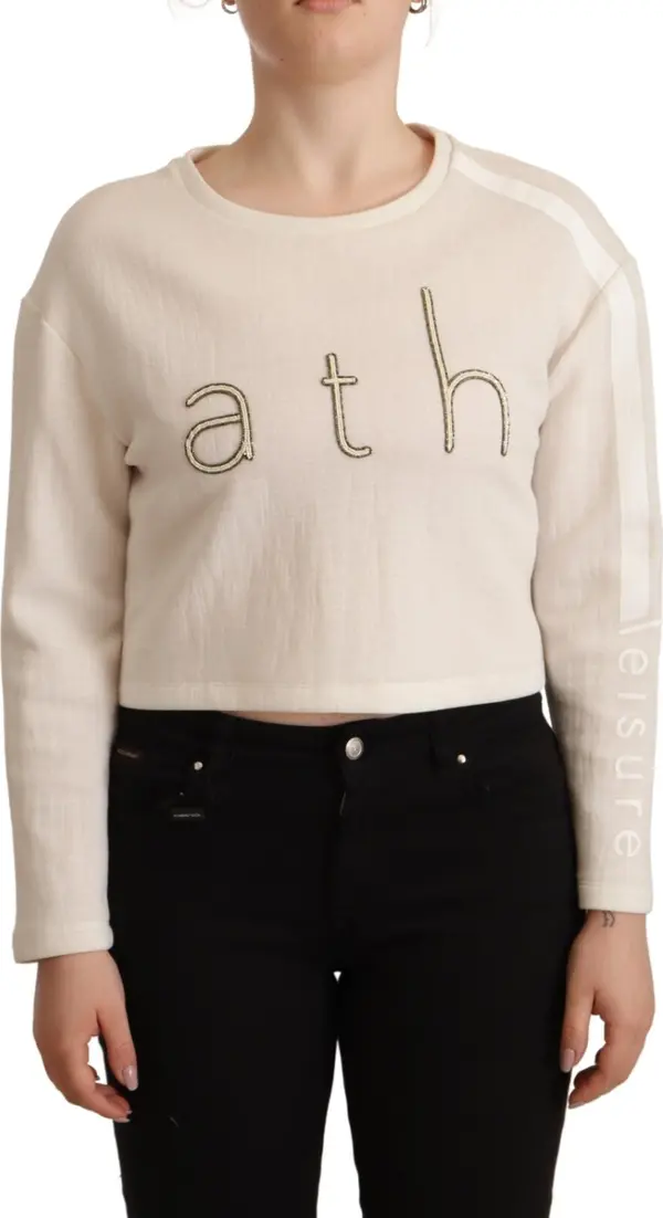 Beige Logo Long Sleeve Cropped Pullover Sweater