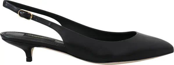 Black Leather Slingbacks Heels Pumps Shoes