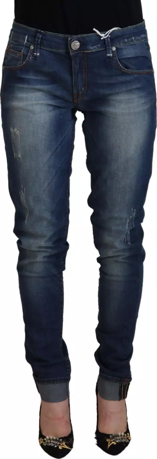 Blue Washed Cotton Slim Fit Women Denim Pants Jeans