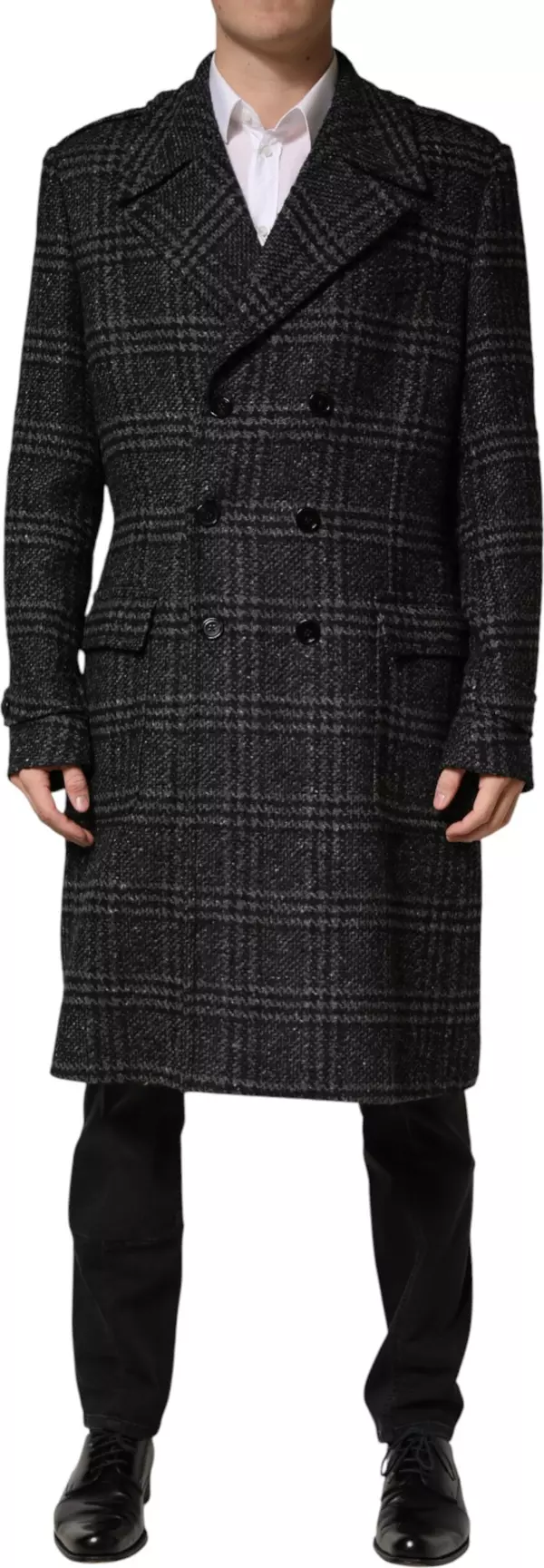 Grey Double Breasted Plaid Wool Coat Jacket