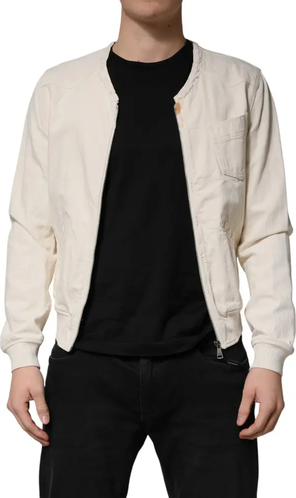Off White Cotton Full Zip Denim Men Blouson Jacket