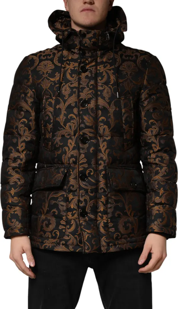 Black Floral Jacquard Quilted Hooded Jacket