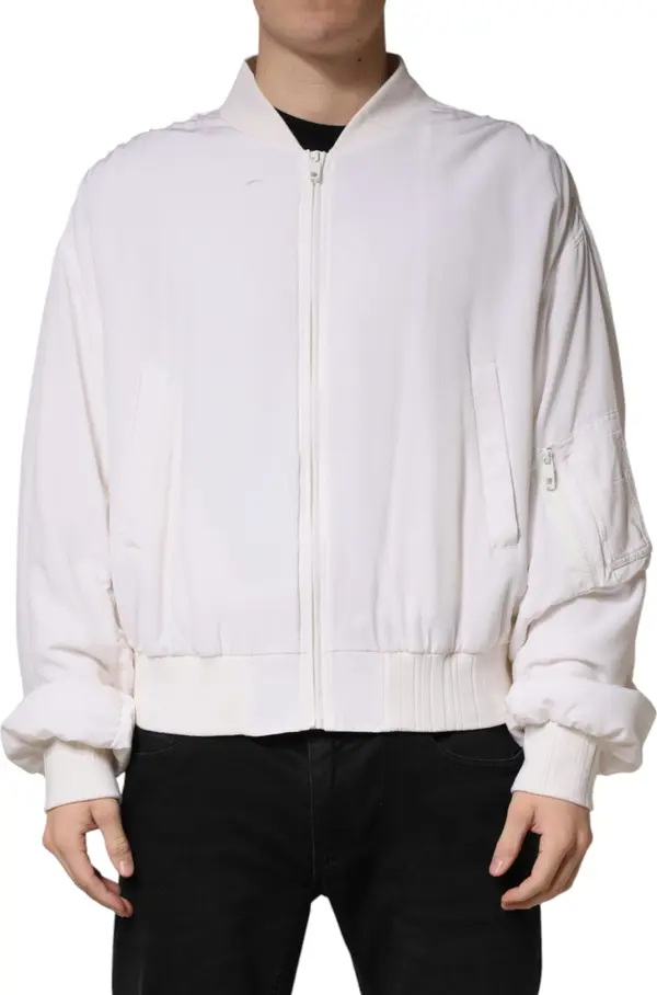 White Silk Full Zip Bomber Blouson Jacket