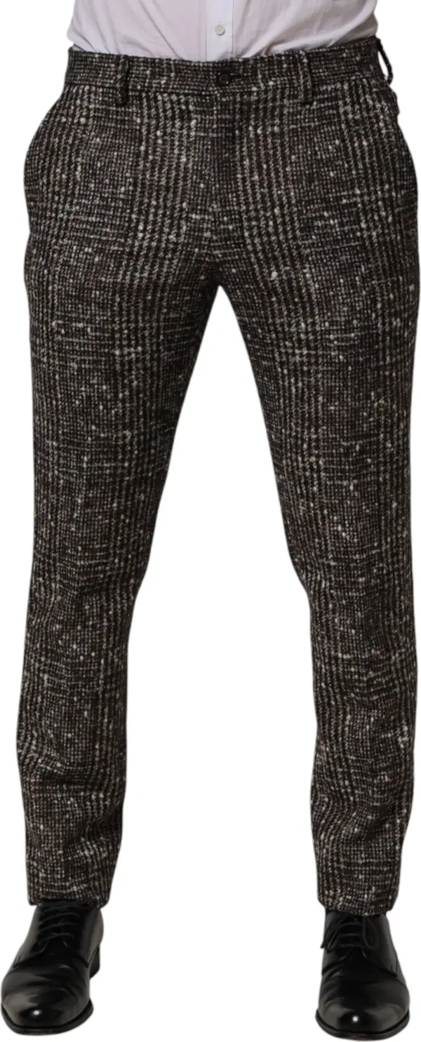 Brown Wool Plaid Skinny Dress Trouser Pants