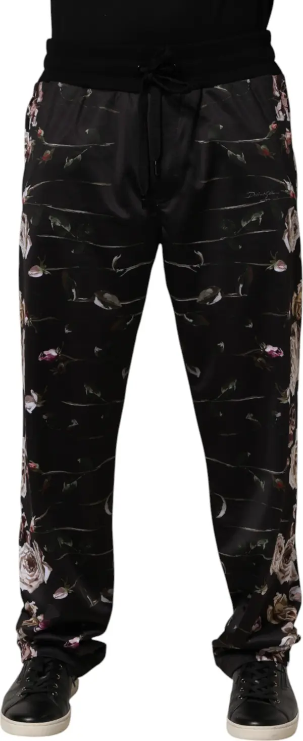 Black Floral Straight-Leg Chino Trouser Pants