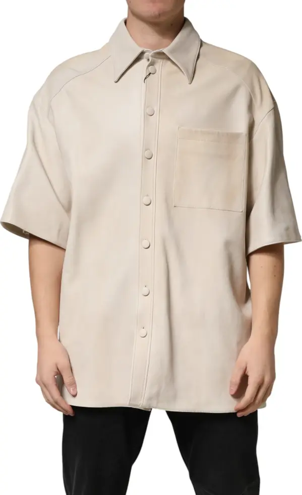 Beige Leather Button Down Men Casual Shirt