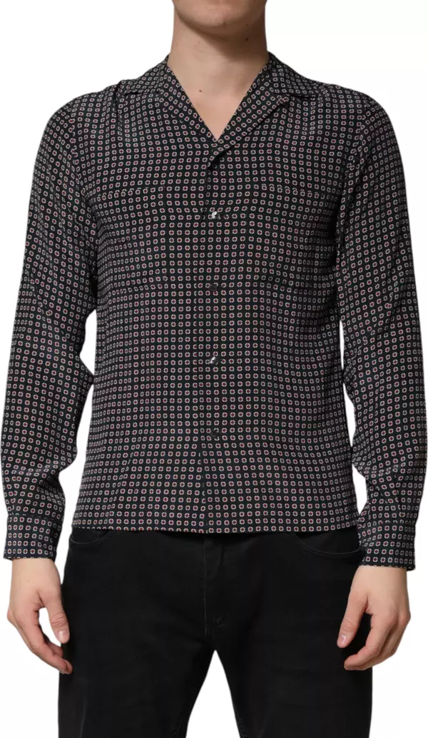 Black Patterned Silk Men Button Down Shirt