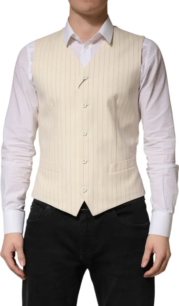 Beige Stripes Wool Dress Men Waistcoat Vest