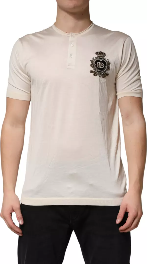 Off White Silk Logo Patch Men Henley T-shirt