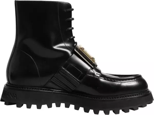 Black Leather DG Plaque Lace Up Boots Shoes