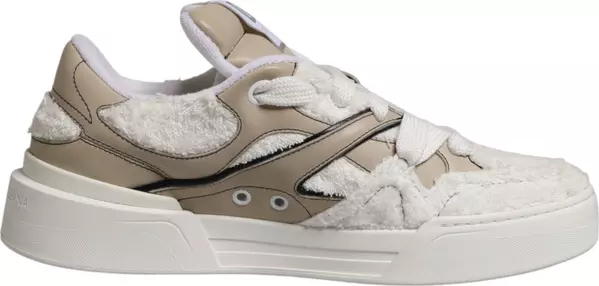 White Beige Faux Shearling Low Top Sneakers Shoes