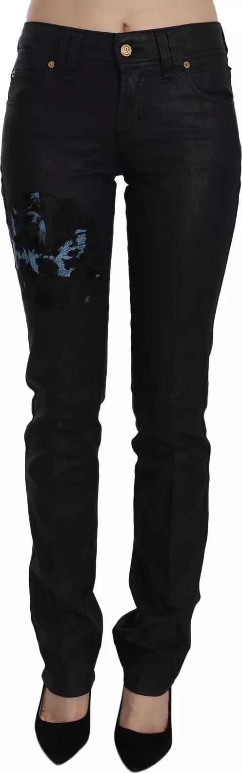Black Swan Floral Embroidered Mid Waist Skinny Denim Jeans