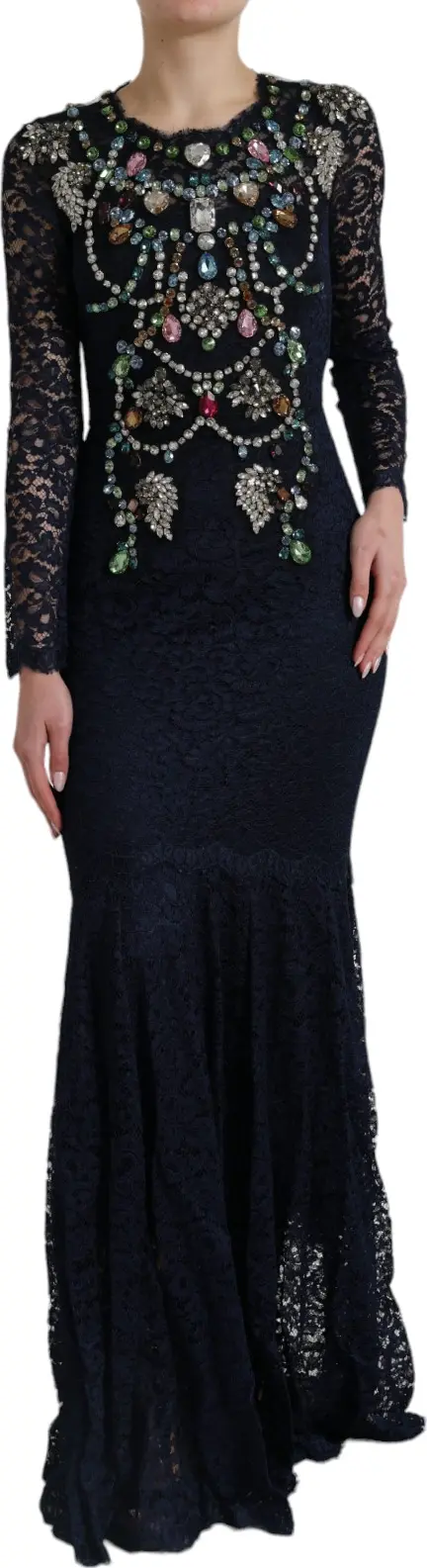Blue Crystal Floral Lace Long Gown Dress