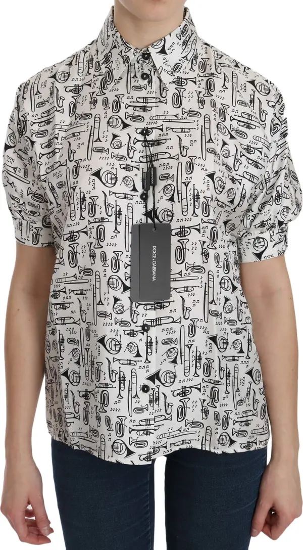 White Musical Instrument Collared Blouse Shirt