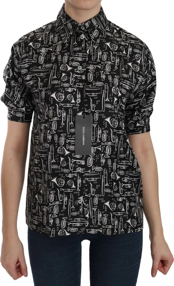 Black Musical Instrument Collared Blouse Shirt