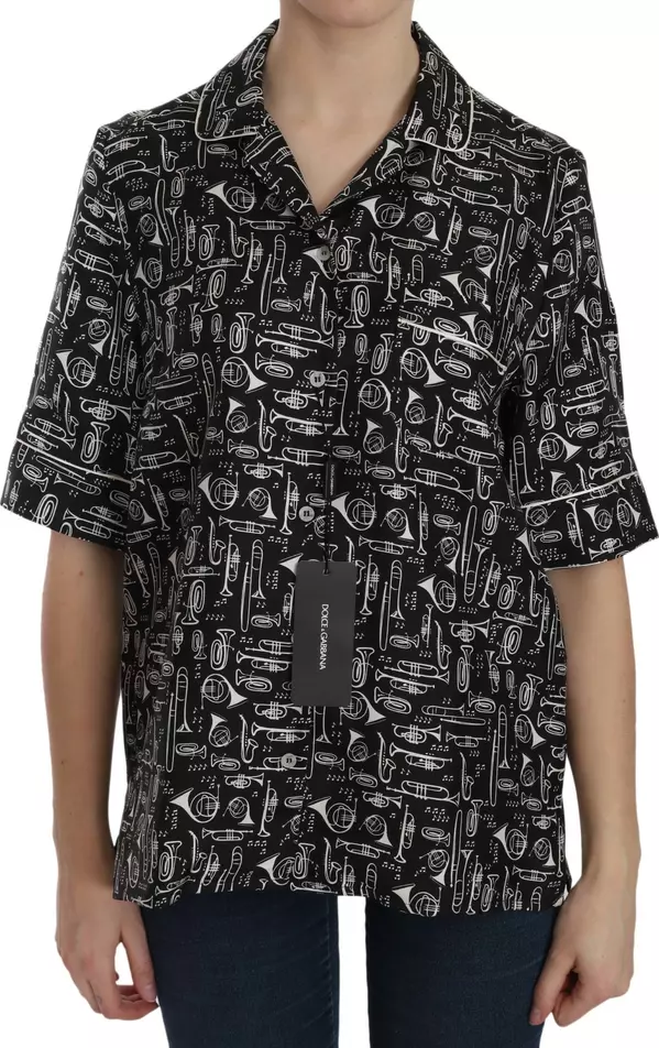 Black Musical Instrument Print Silk Top
