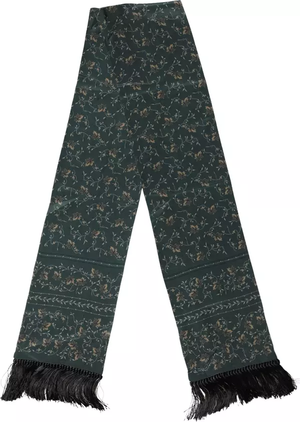 Green Silk Floral Pattern Fringed 135cm X 16cm  Scarf