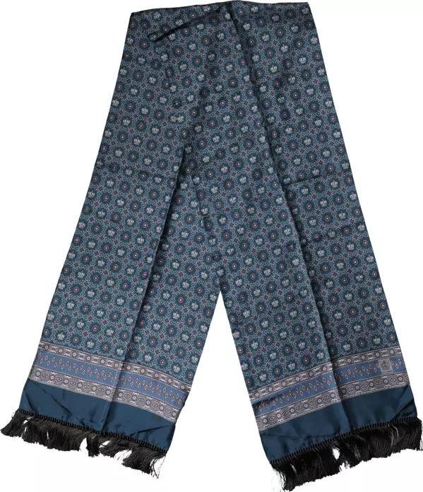 Blue Silk Crown Geometric Wrap Foulard 184cm X 33cm Scarf