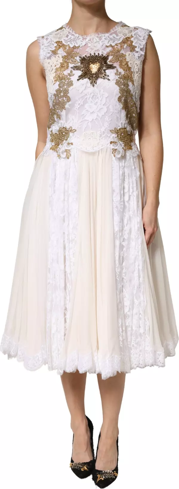 Ivory Lace Silk Embellished Sleeveless  Dress