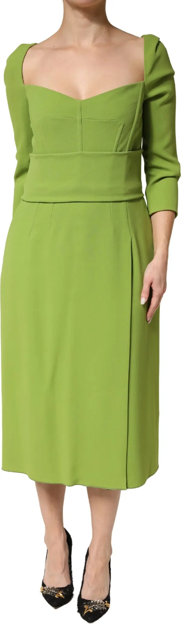 Green Silk Sweetheart Neckline Midi  Dress