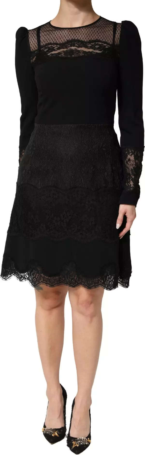 Black Lace Sheer Panel Midi Long Sleeve  Dress