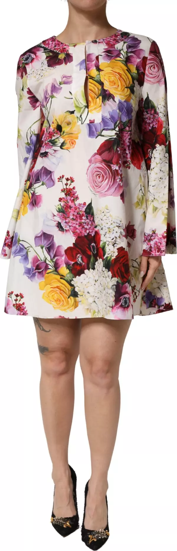 Multicolor Floral Cotton Longsleeves Midi Dress
