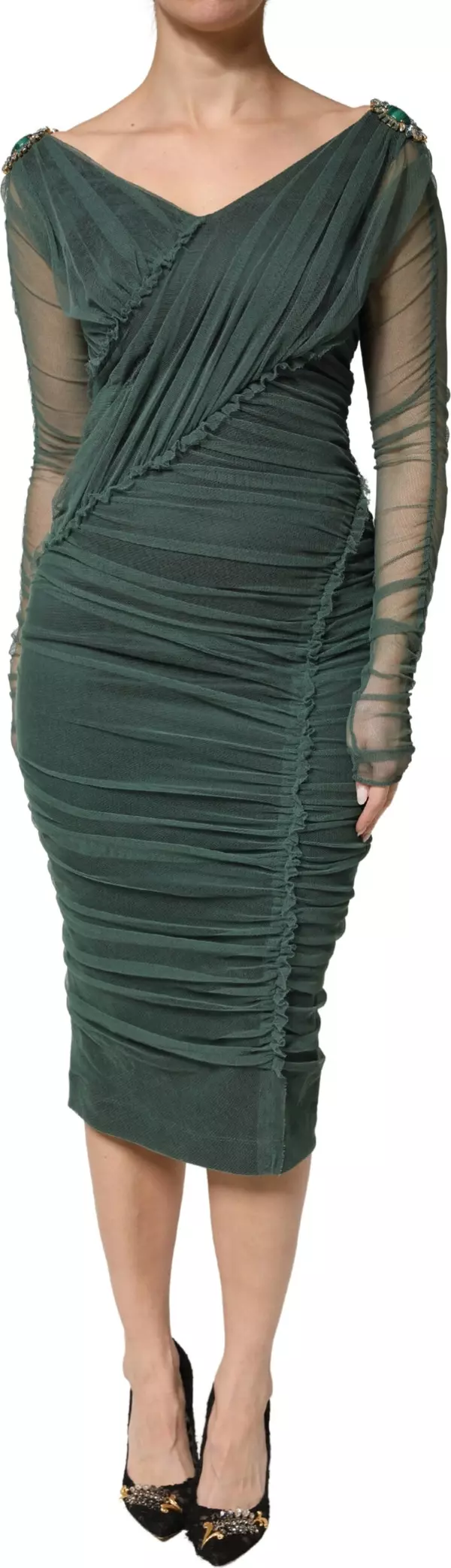 Green Ruched Mesh Sheer Sleeves Midi Dress