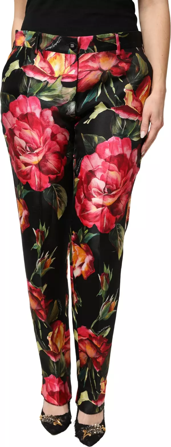 Black Floral Silk Mid Waist Tailored Trousers Pants
