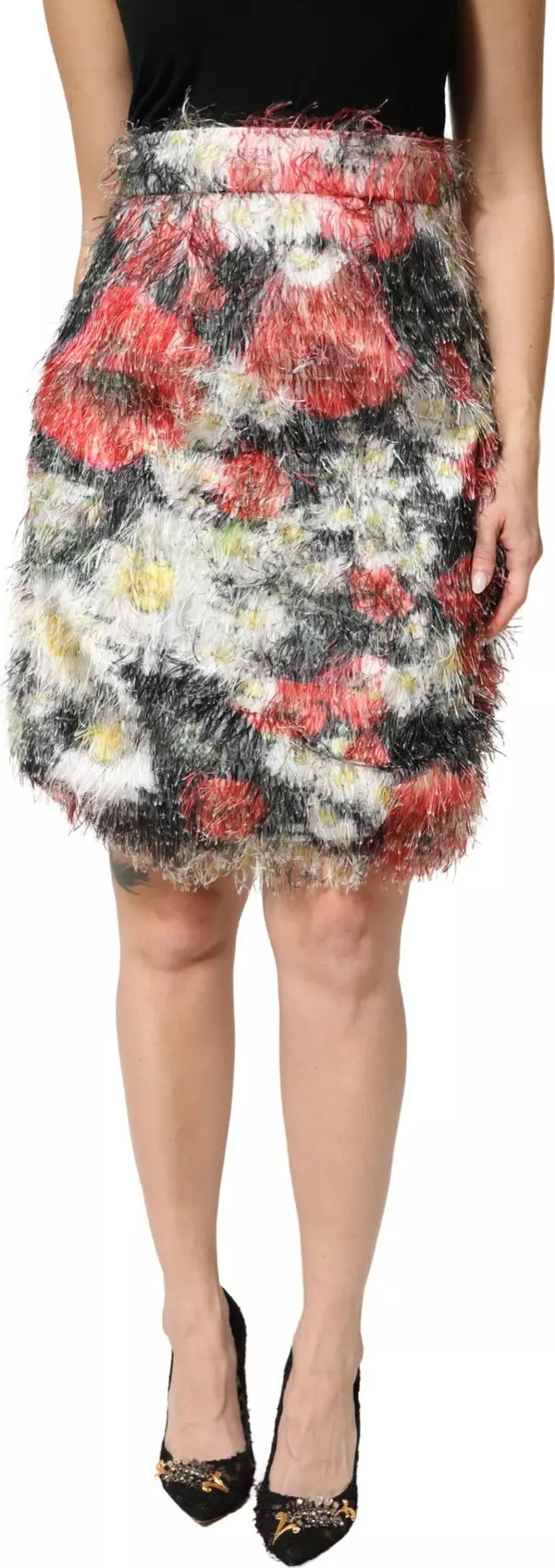 Multicolor Floral Textured Faux Fur Pencil Skirt