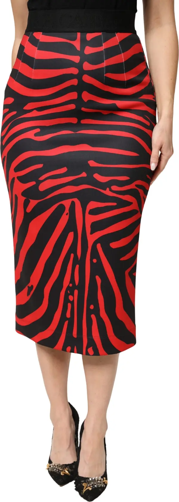 Red Black Zebra Print Polyester Pencil Midi Skirt
