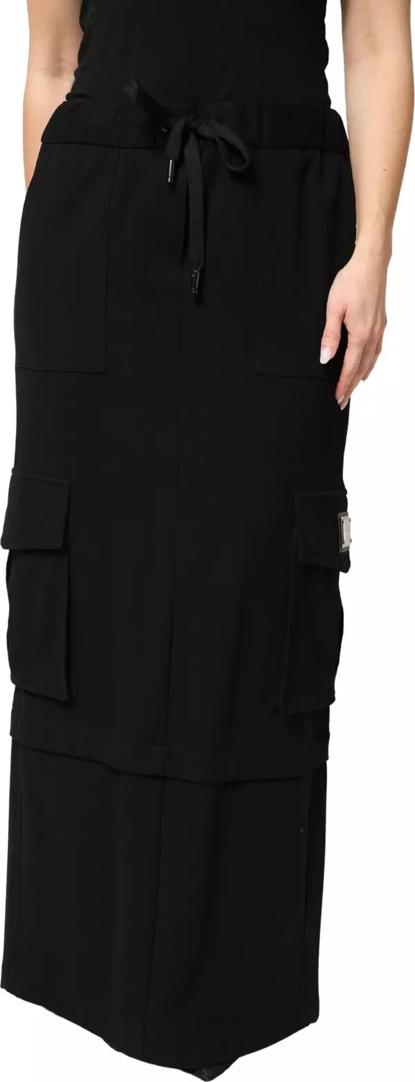 Black Cotton Drawstring Long Maxi Cargo Skirt