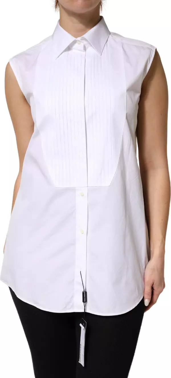 White Cotton Pleated Sleeveless Button Down Top