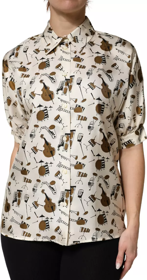 Beige Musical Instrument Print Short Sleeve Top