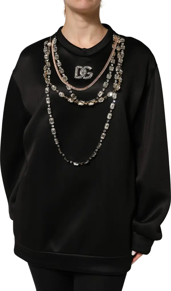 Black Embellished Logo Crystal Sweatshirt Top