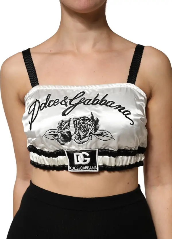 White Silk Satin Crop Black Logo Bralette Top