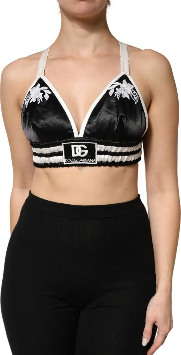 Black Floral Silk Satin Crop Logo Bralette Top