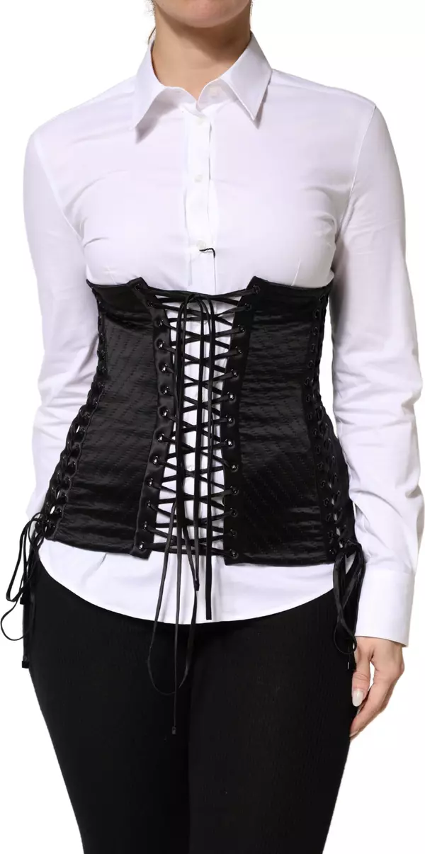 Black Silk Lace-Up Waist Cincher Corset Top