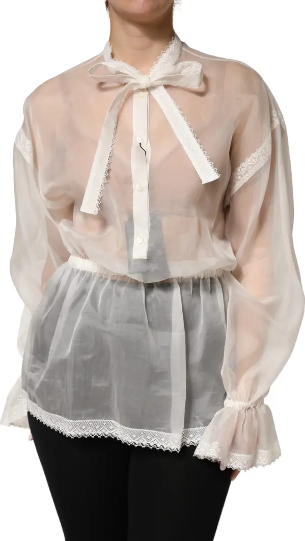 White Sheer Silk Blouse Lace Bow Tie Blouse Top