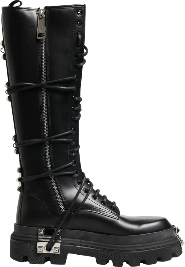 Black Leather Knee High Combat Boots Shoes