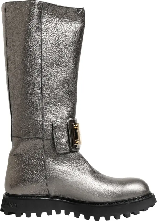 Metallic Silver Leather Mid Calf Boots Shoes