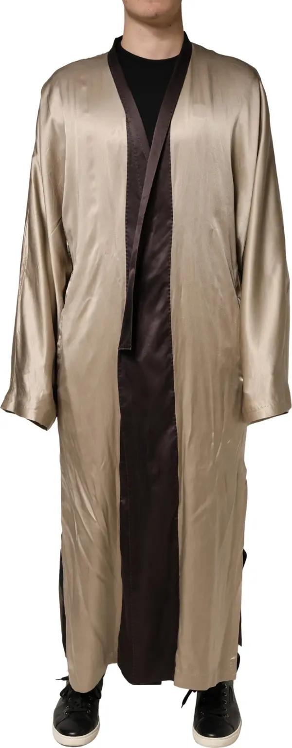 Beige Silk Satin Long Coat Robe Jacket
