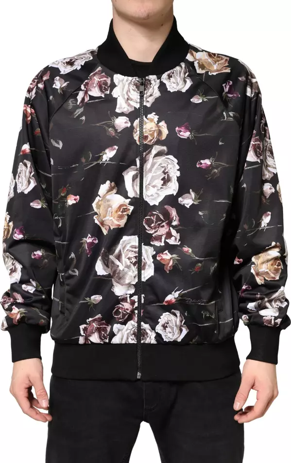 Black Floral Polyester Full Zip Bomber Jacket