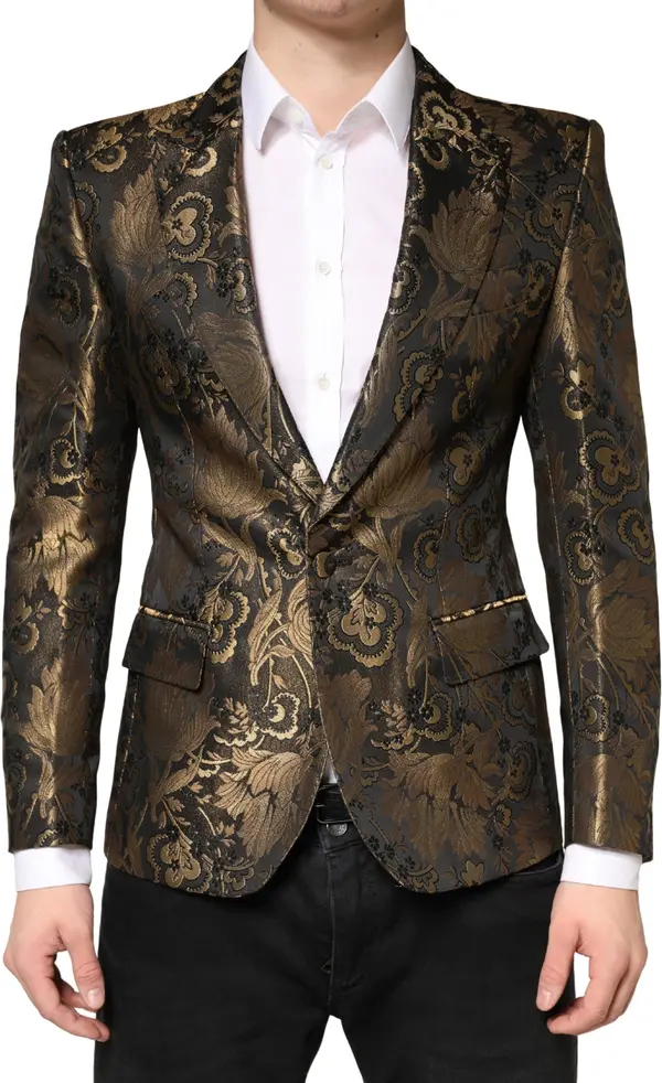 Gold Jacquard Single Breasted Tuxedo Blazer