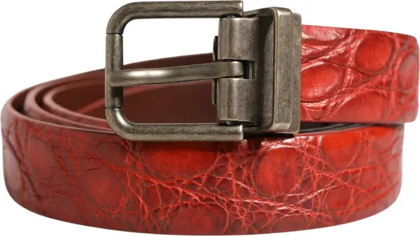 Red Leather Gold Tone Metal Buckle Men Belt