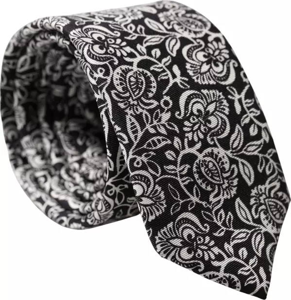 Black White Floral Fantasy Silk Adjustable Necktie Tie