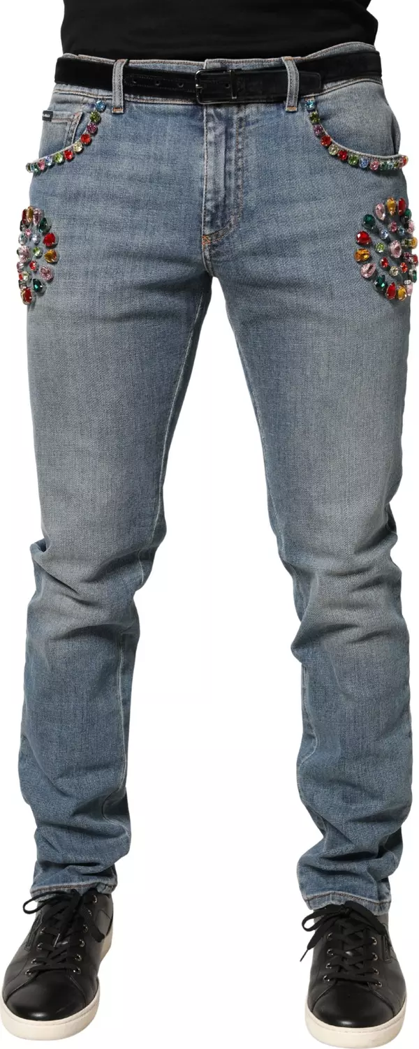 Blue Embellished Loose Cotton Men Denim Jeans