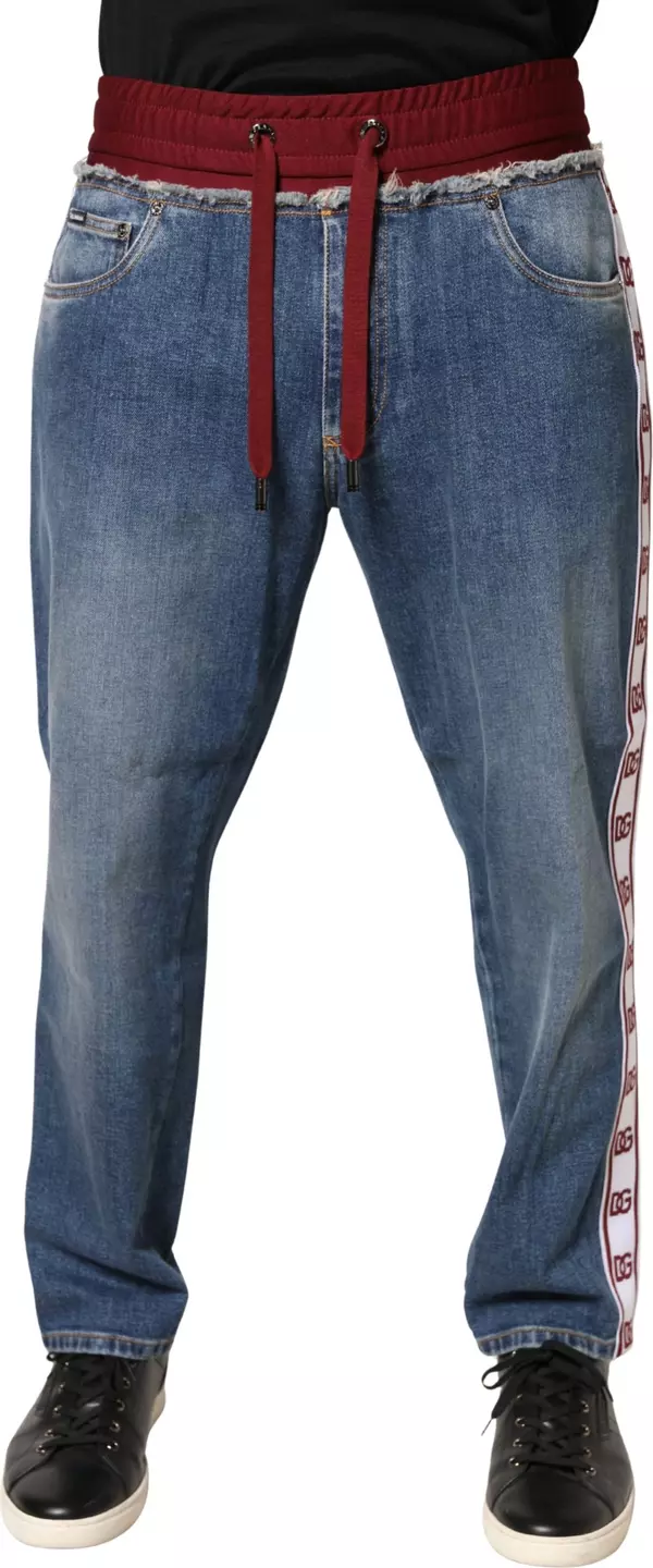 Blue Cotton Drawstring Straight Denim Jeans
