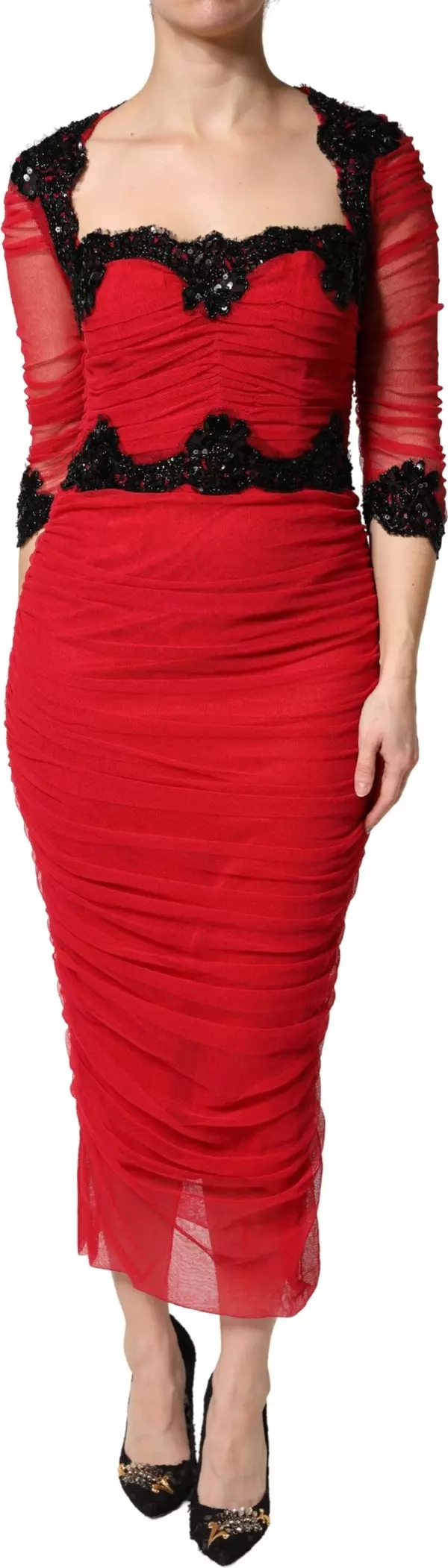 Red Mesh Trim Bodycon Sheath Midi Dress